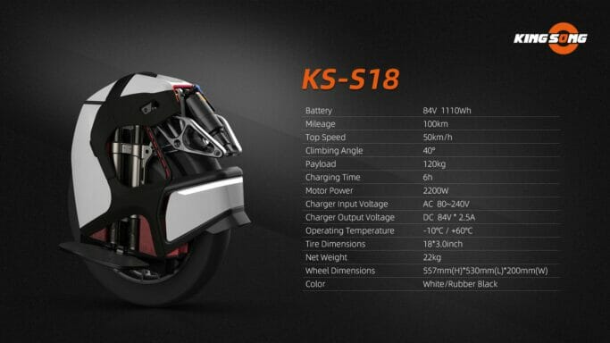 Kingsong S18 electric unicycle Specifications