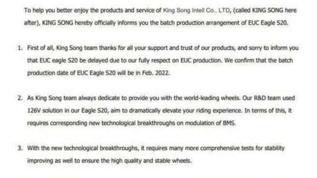 King Song Eagle S20 Electric Unicycle Production Update