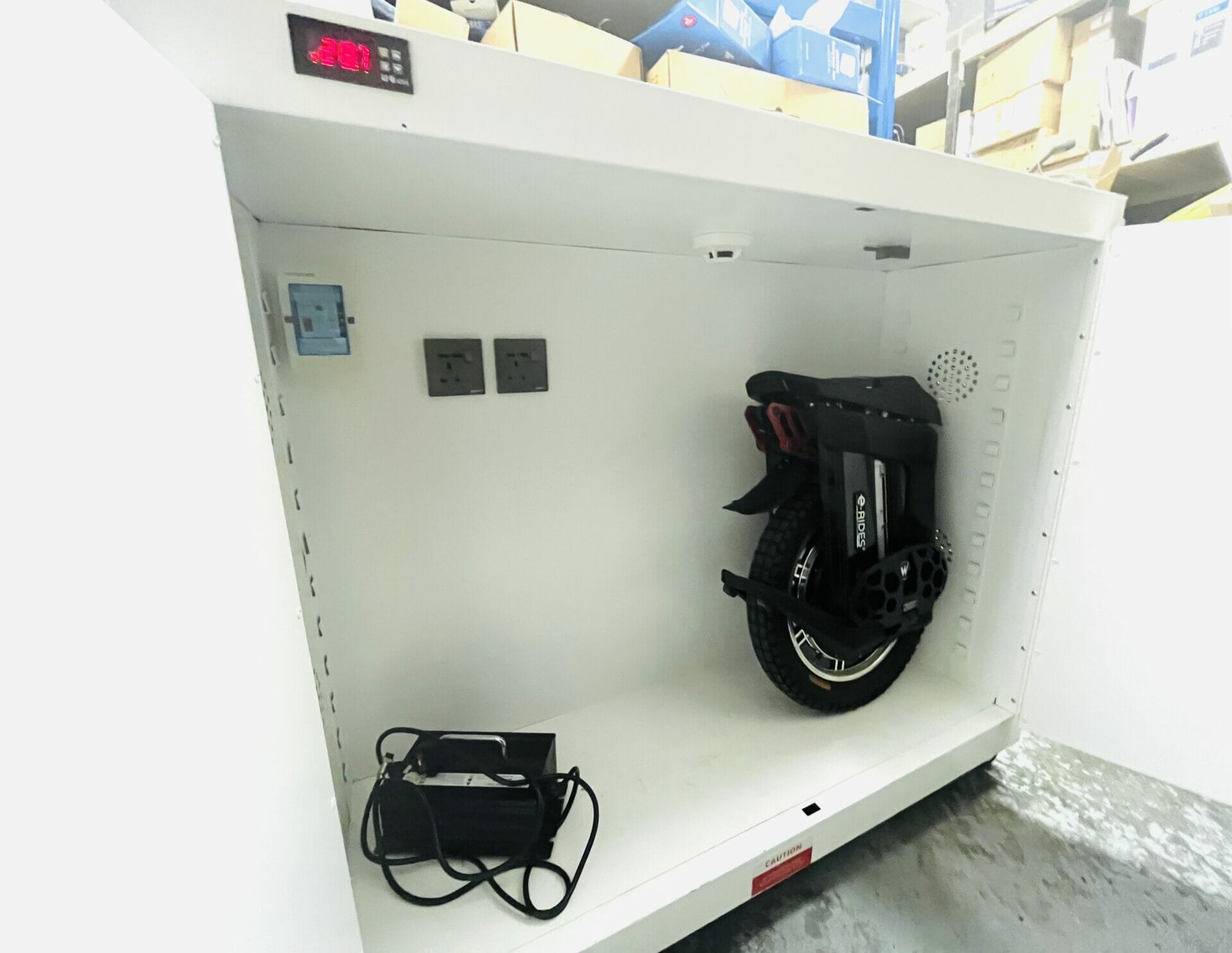 e-RIDES Fire Resistant charging cabinet with doors open